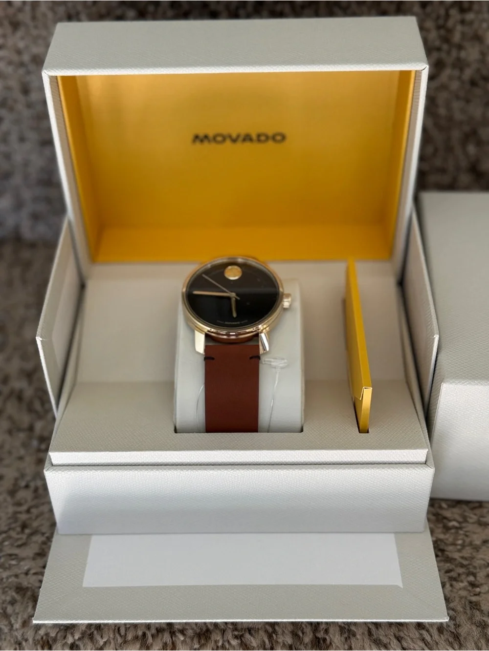 Movado bold Gold-Tone Case Black Dial Brown Leather Strap mens Watch